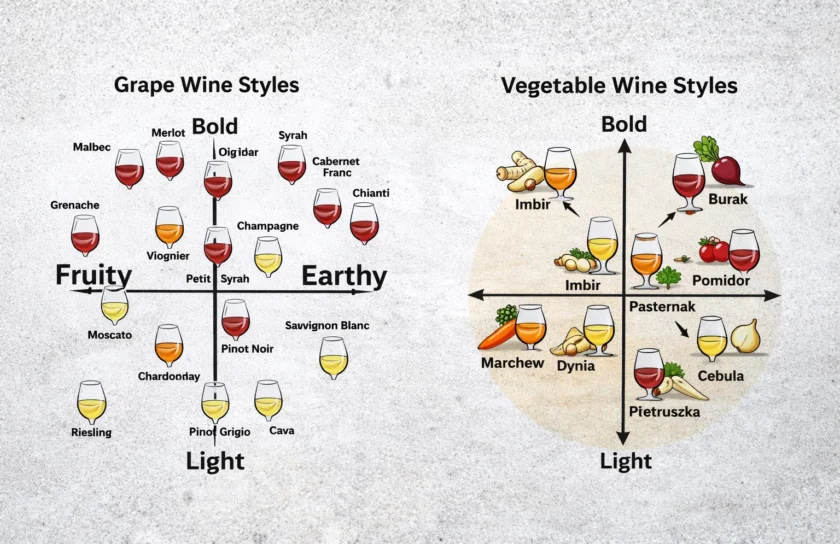 mapa styli winnych - gronowe vs warzywne