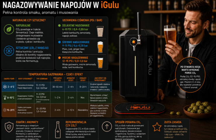 Nagazowywanie napojów w iGulu – naturalne i z naboju CO₂, ustawienia PSI/bar, temperatury i wpływ na smak