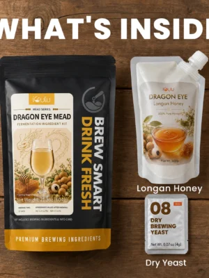 iGulu Dragon Eye Mead to kompletny brew kit do przygotowania około 3,8 l lekkiego, musującego napoju miodowego na bazie 100% miodu longan.